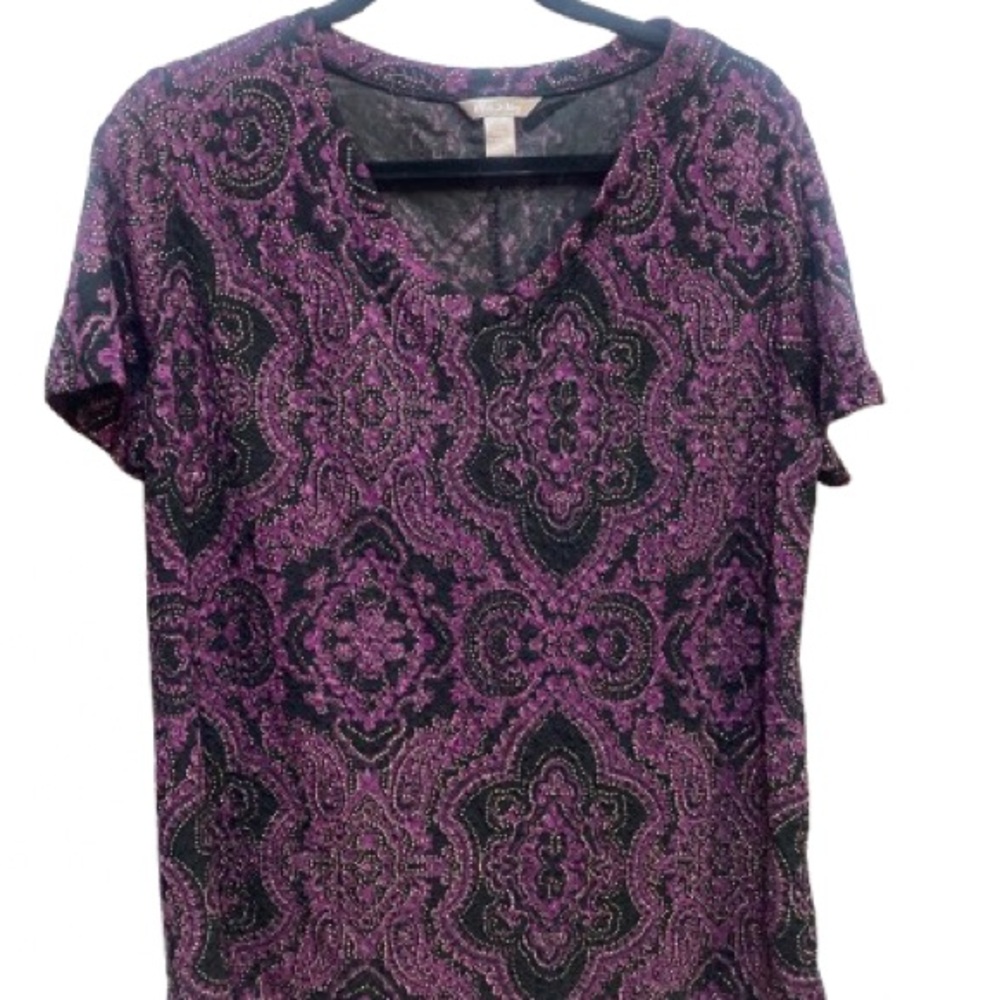 Plus Size Top White Stag Black and Purple Paisley Short Sleeve Curve Size 1X